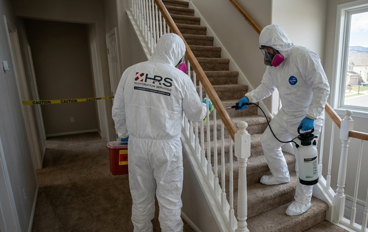 HRS workers in protective suits sanitize a staircase with a spray bottle in a house.