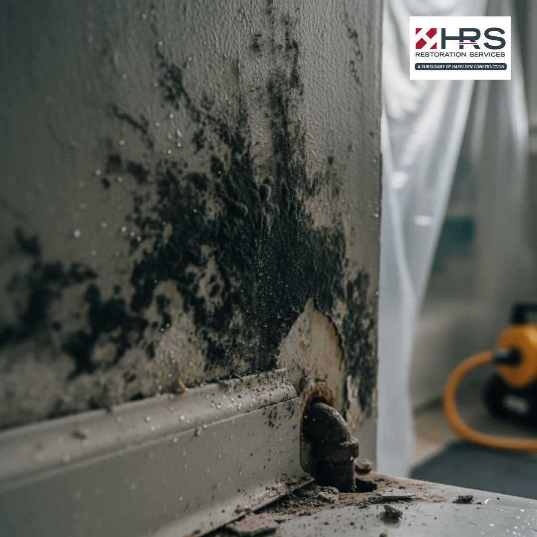 Close-up of black mold growth along a damaged wall and baseboard in Englewood, CO