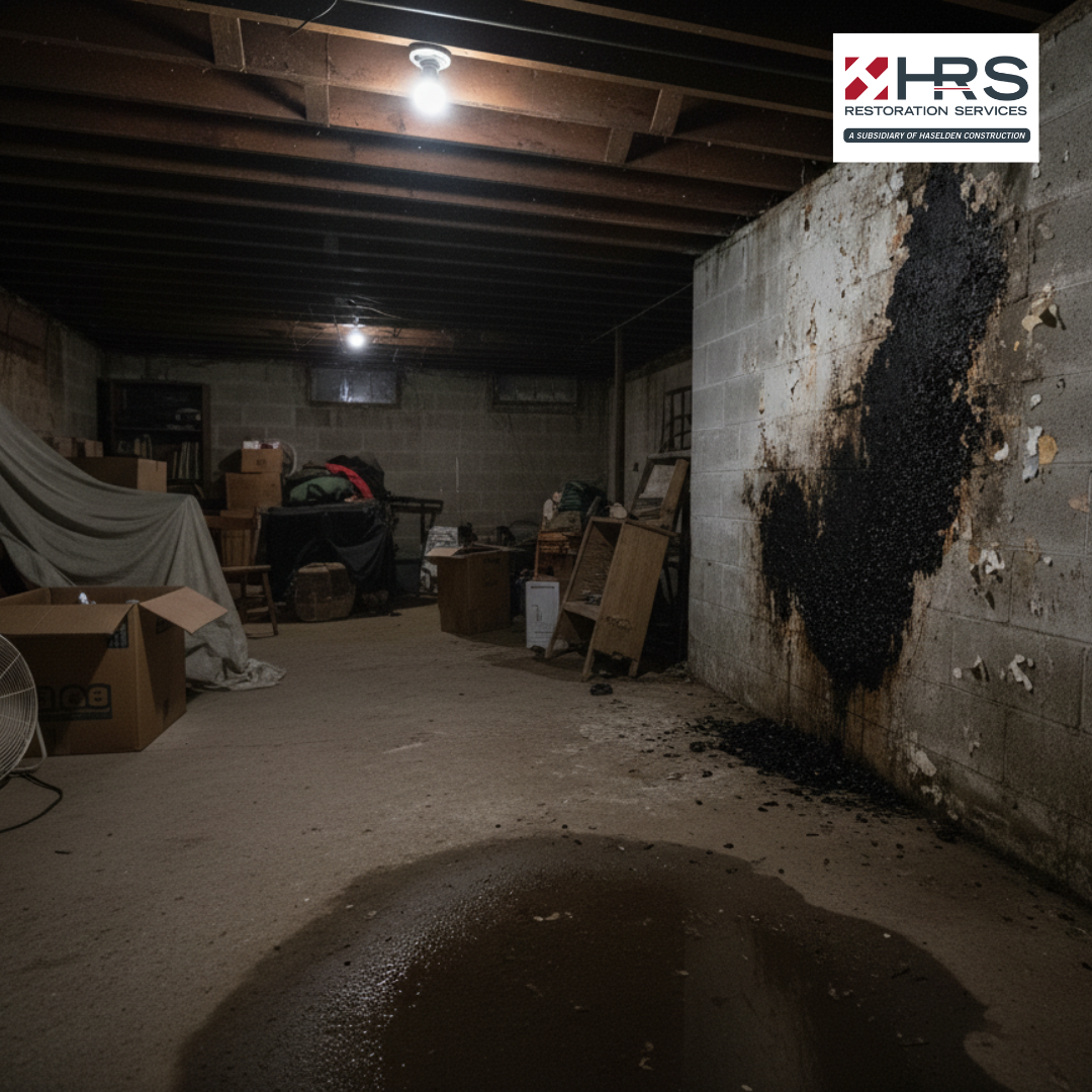 Heavy black mold growth on a basement wall in an Englewood, CO property