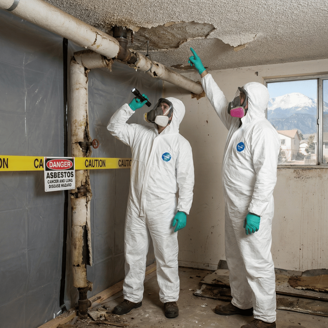 HRS Specialists n hazmat suits inspect a damaged ceiling and pipes with asbestos warning tape.