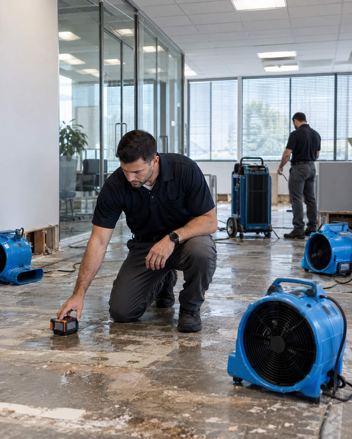 HRS Technician performing water extraction on flooded commercial office floor in Denver
