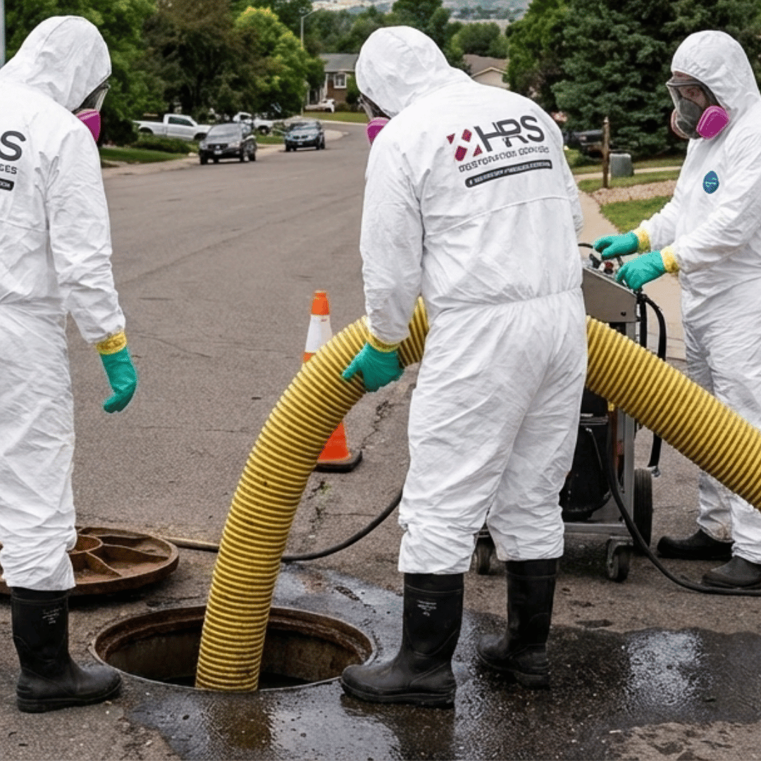 HRS Restoration Services performing emergency sewer pump-out during a sewage backup in Lakewood, Colorado.