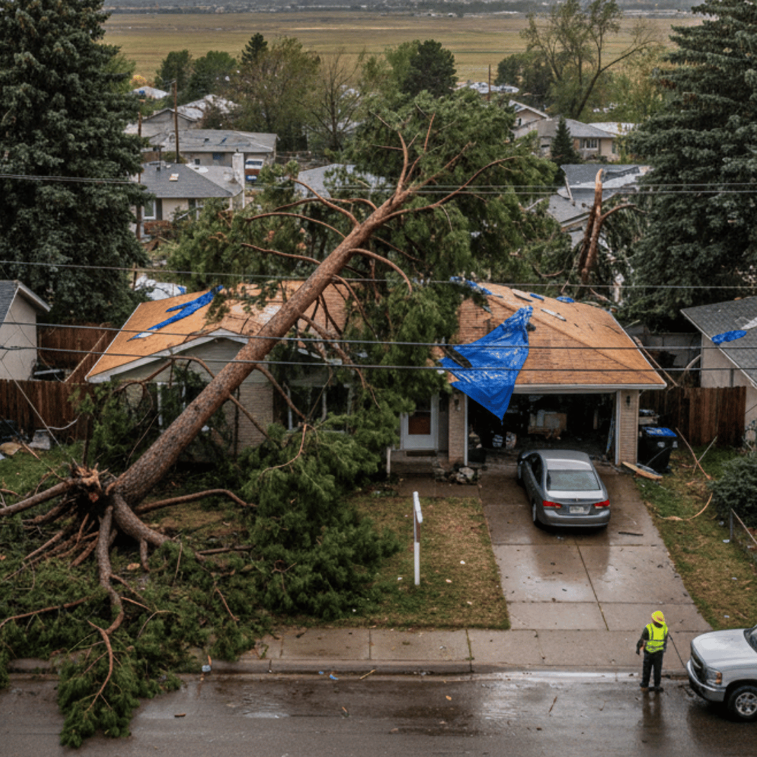 Large tree fallen on a residential house in Denver after a storm, causing roof damage and requiring emergency restoration.
