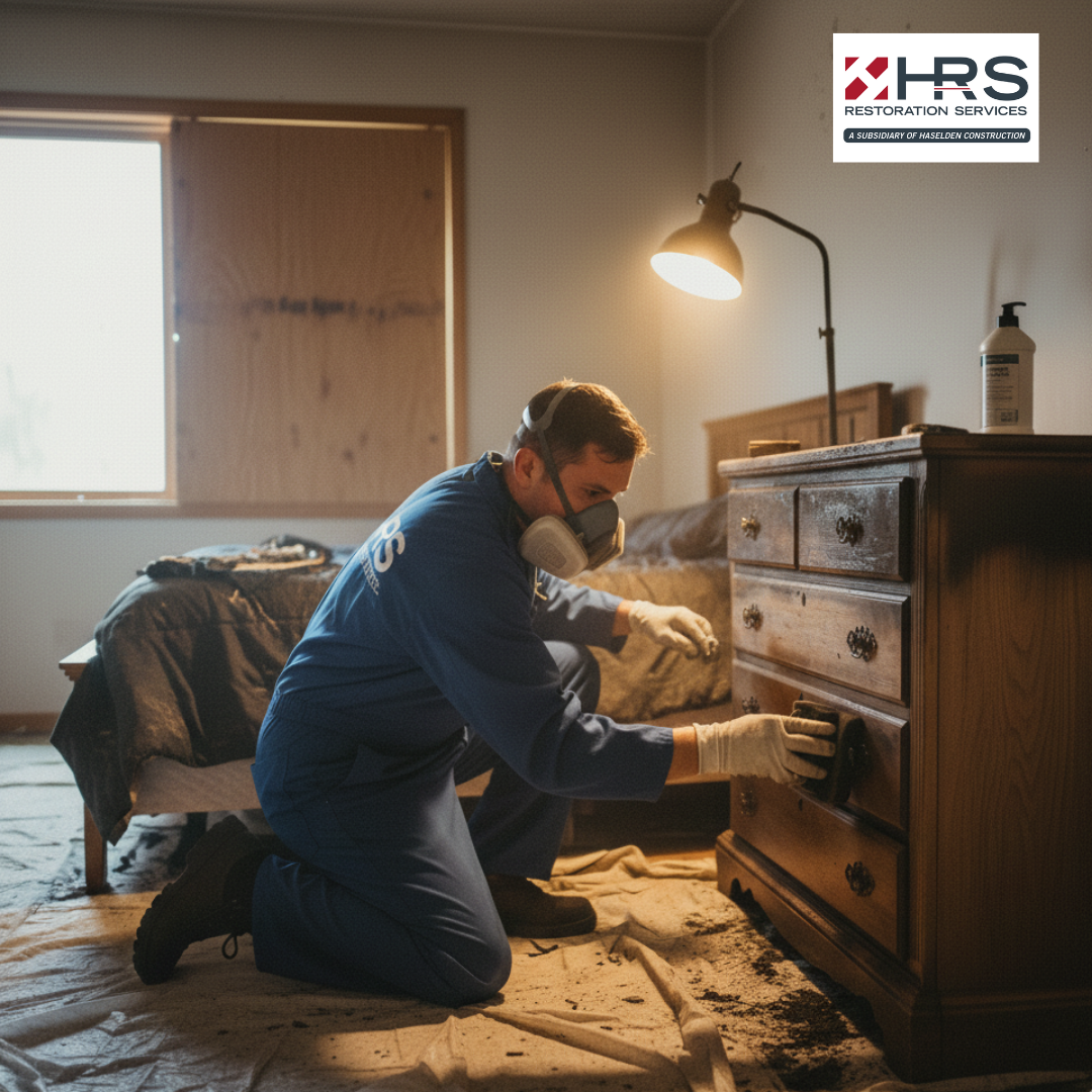 ICRC-certified HRS technician cleaning smoke-damaged furniture and contents inside residential bedroom