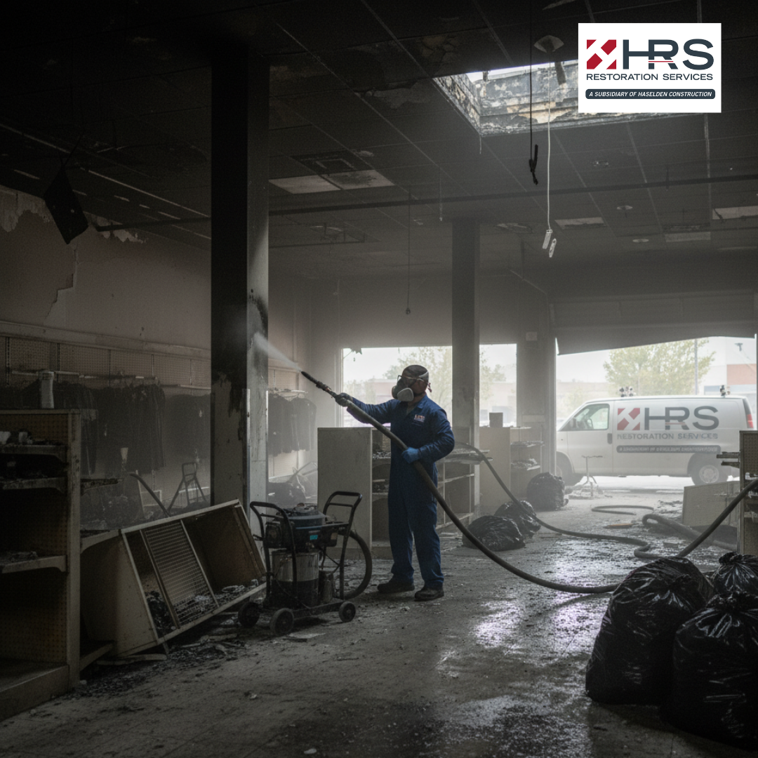 HRS restoration team cleaning smoke residue from commercial interior walls and ceilings in Englewood