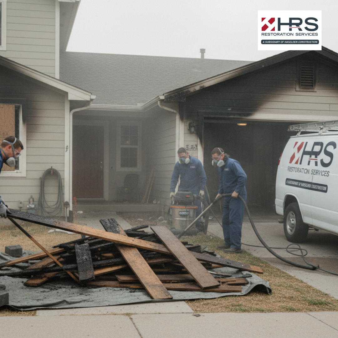 HRS technician inspecting fire-damaged bathroom during restoration assessment