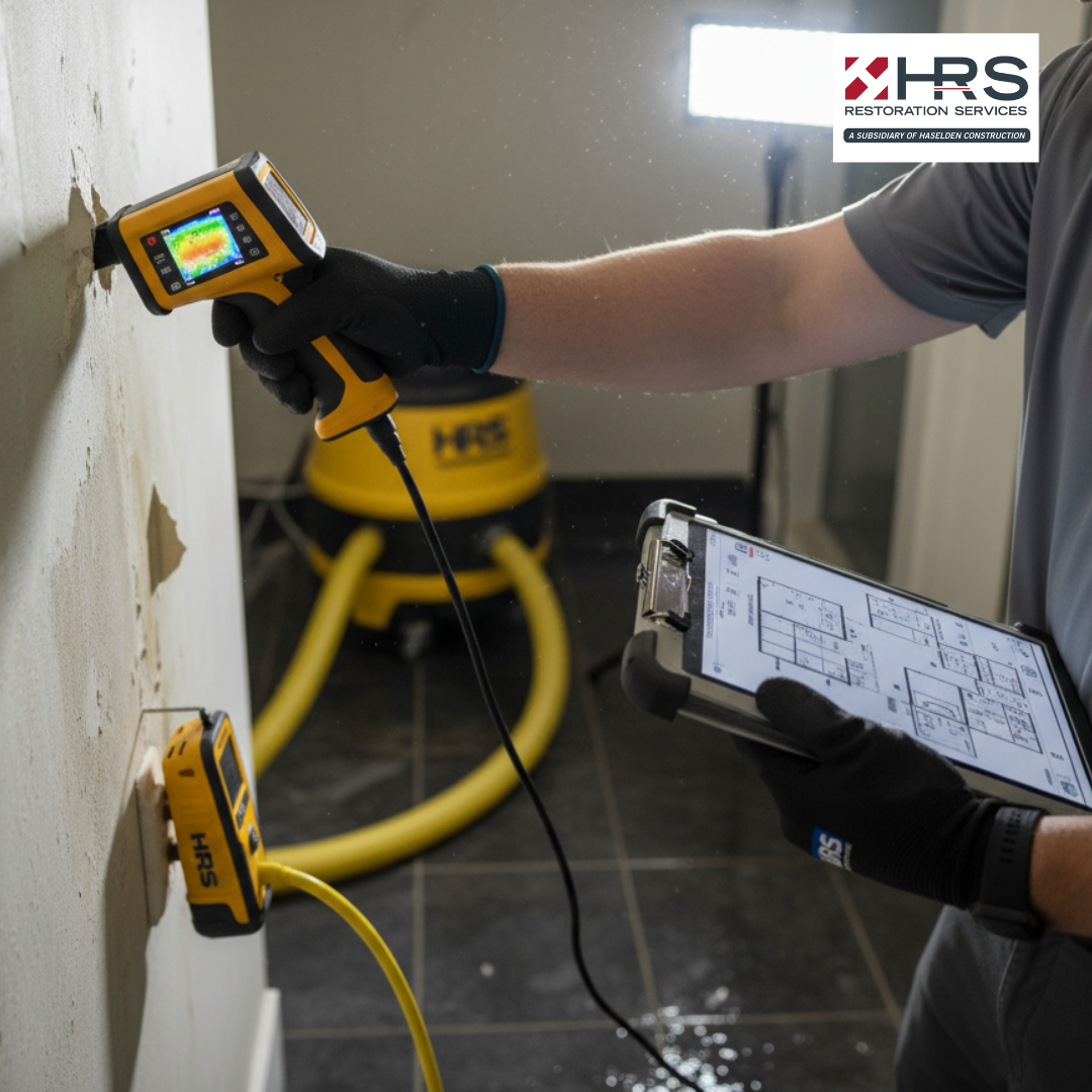 HRS technician using thermal imaging and moisture mapping for water damage inspection in Greenwood Village, CO