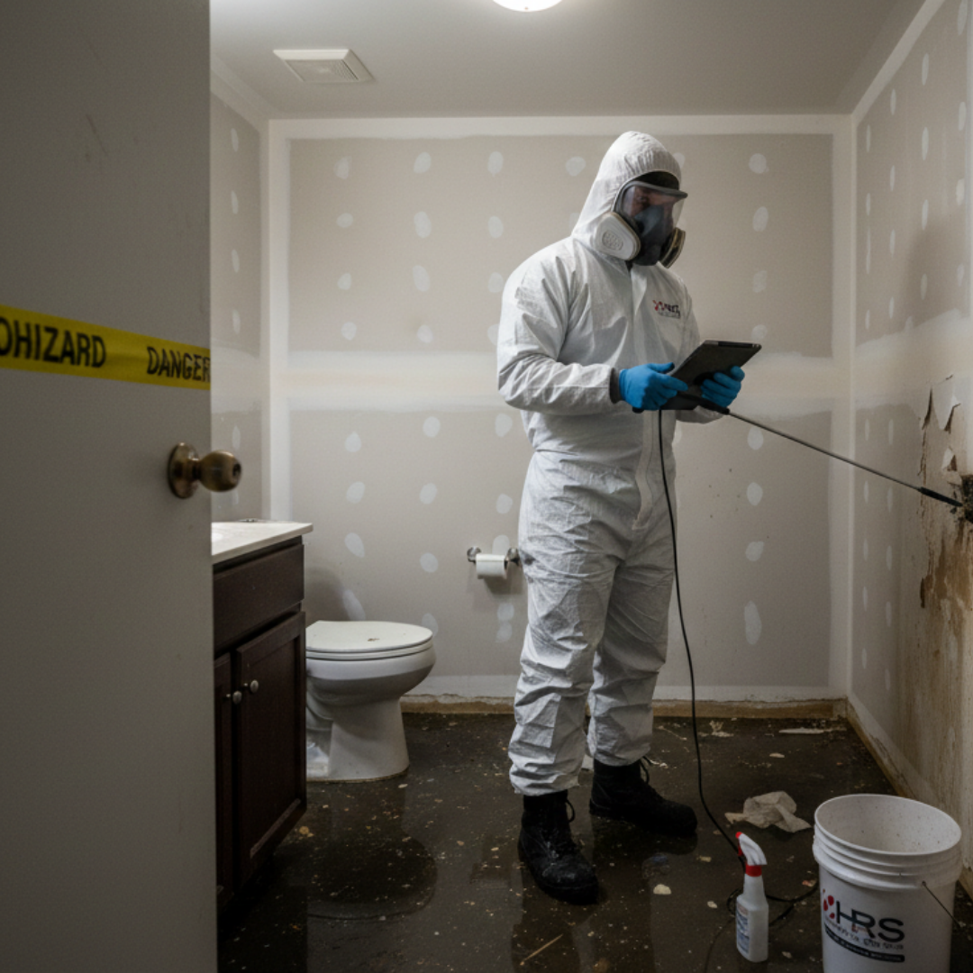 HRS Technicians performing emergency sewage cleanup in Colorado Springs using containment barriers, air movers, and dehumidification equipment.
