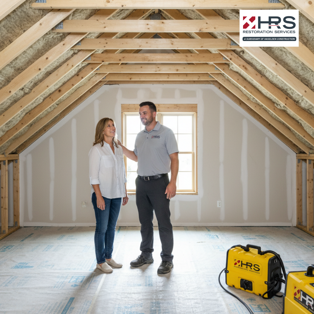 HRS technician reviewing drying results with a property owner after water damage restoration in Greenwood Village, CO