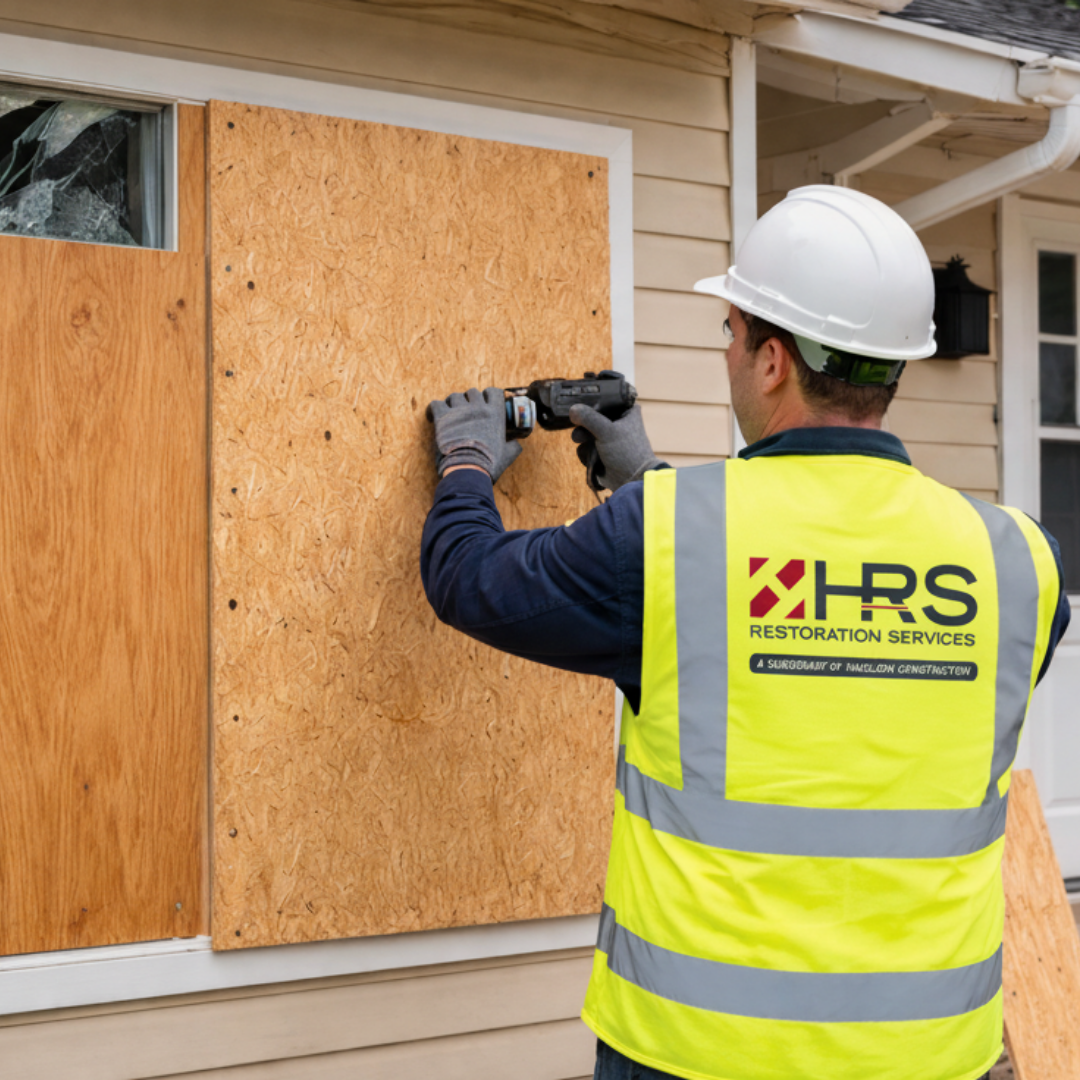 HRS Restoration Services technician securing a window with plywood during emergency board-up service.