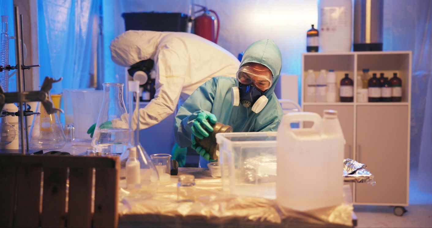 two people working in a meth lab in an apartment