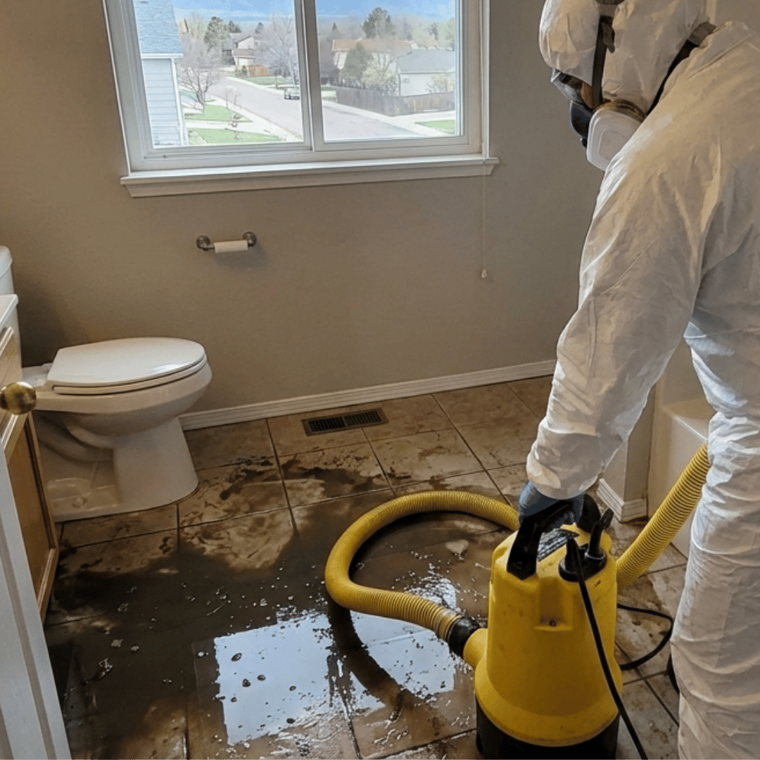 HRS Technician extracting sewage-contaminated water from a bathroom in Colorado during professional cleanup.