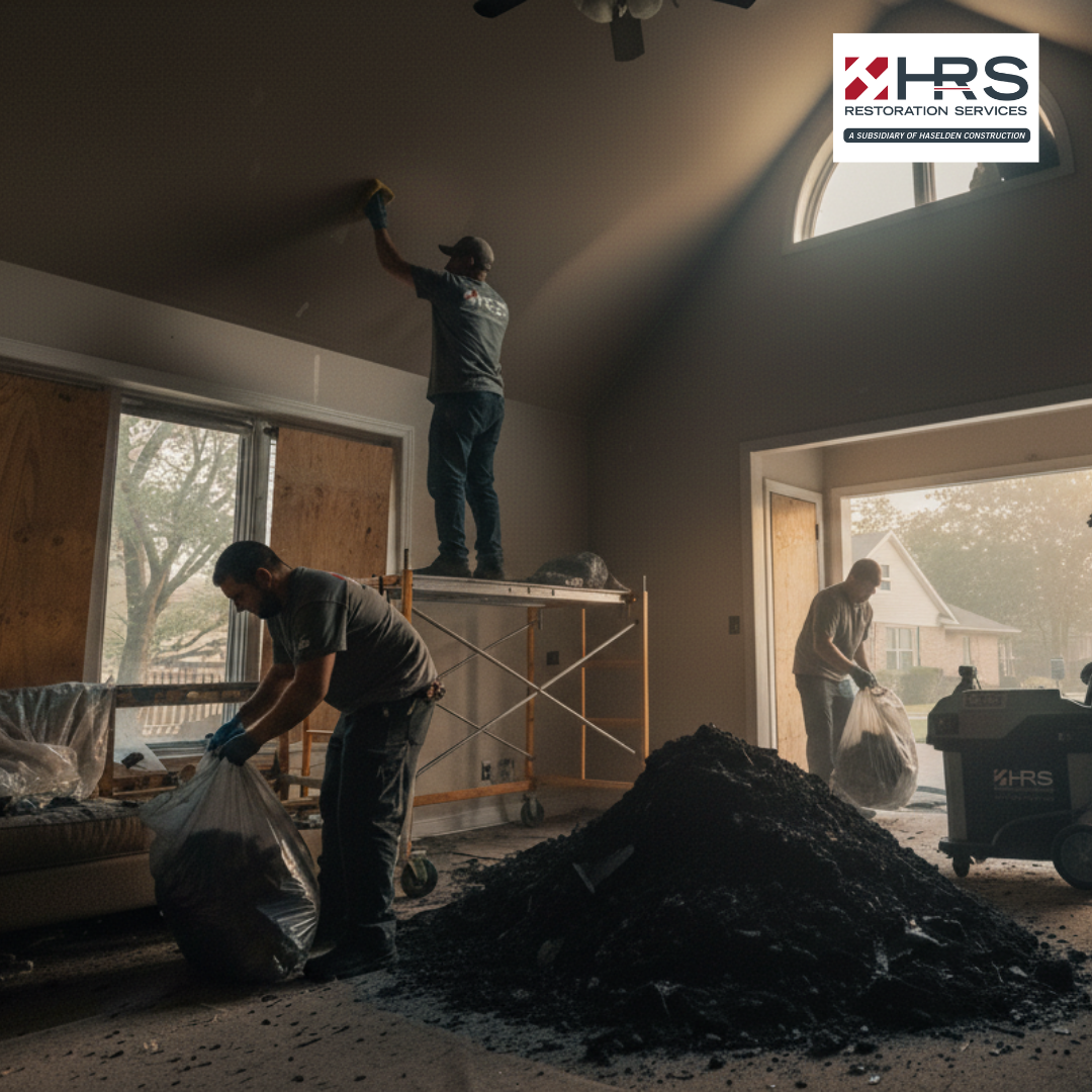 HRS restoration team removing heavy soot buildup inside fire-damaged commercial space