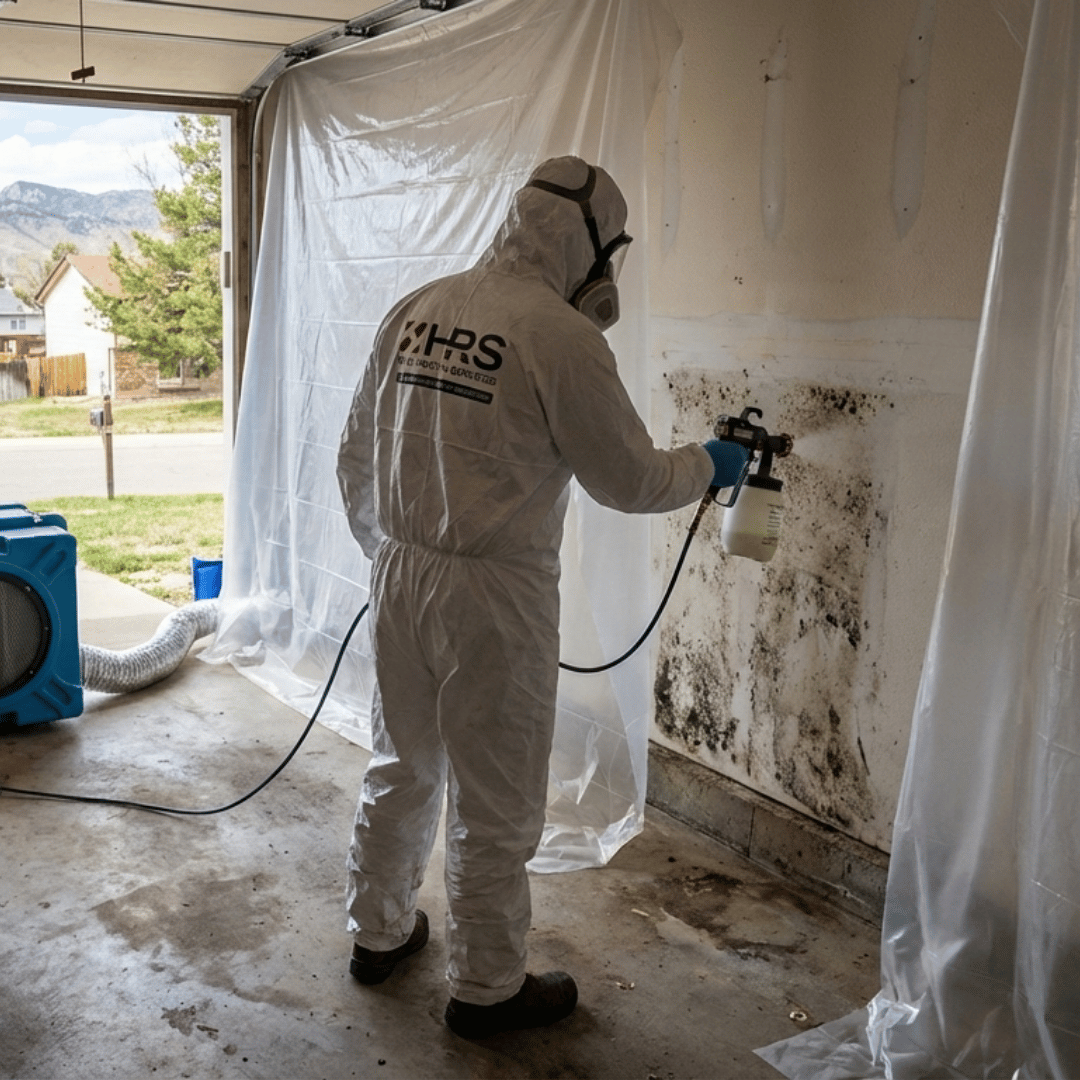 HRS technician applying antimicrobial treatment during mold remediation in a Lakewood home.