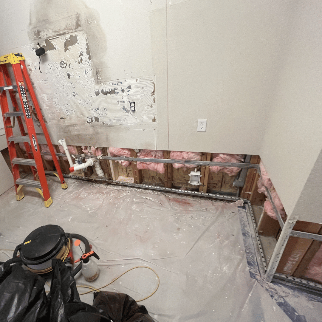 Mold remediation in Lakewood showing opened wall cavity after contaminated drywall removal done by HRS.