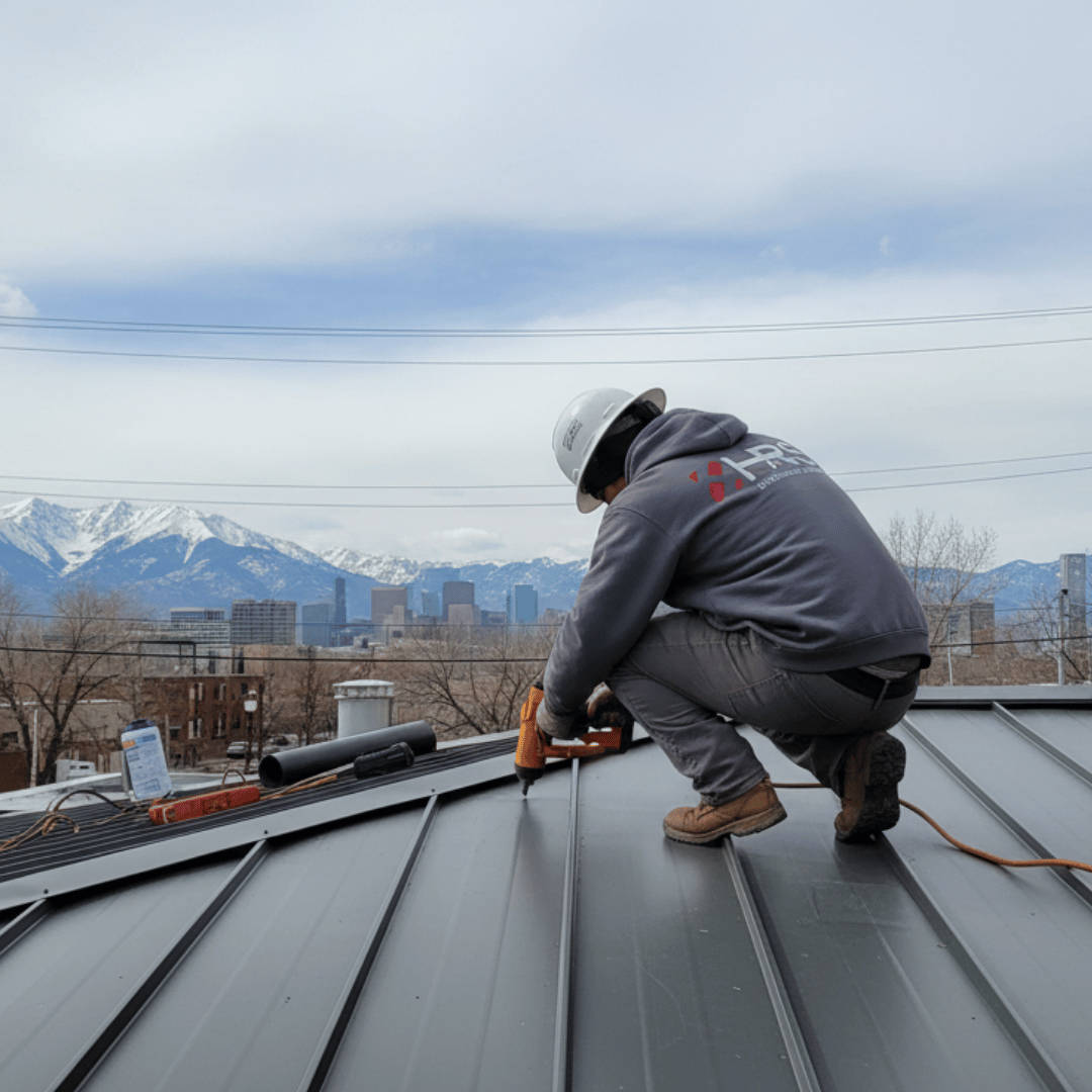 HRS Restoration Services expert installing metal roofing in Denver. Our team specializes in all types of commercial roofs, including metal, TPO, EPDM, and PVC, as seen here.