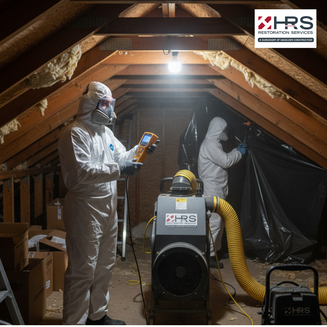 HRS Mold remediation specialists setting containment in an attic in Aurora, CO