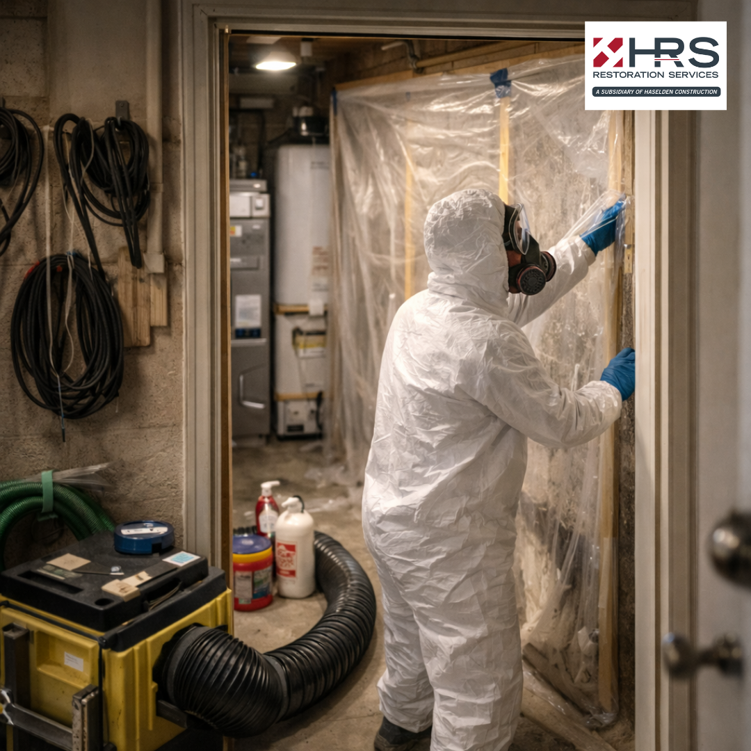 HRS Mold remediation technician setting containment plastic in a basement doorway in Aurora, CO