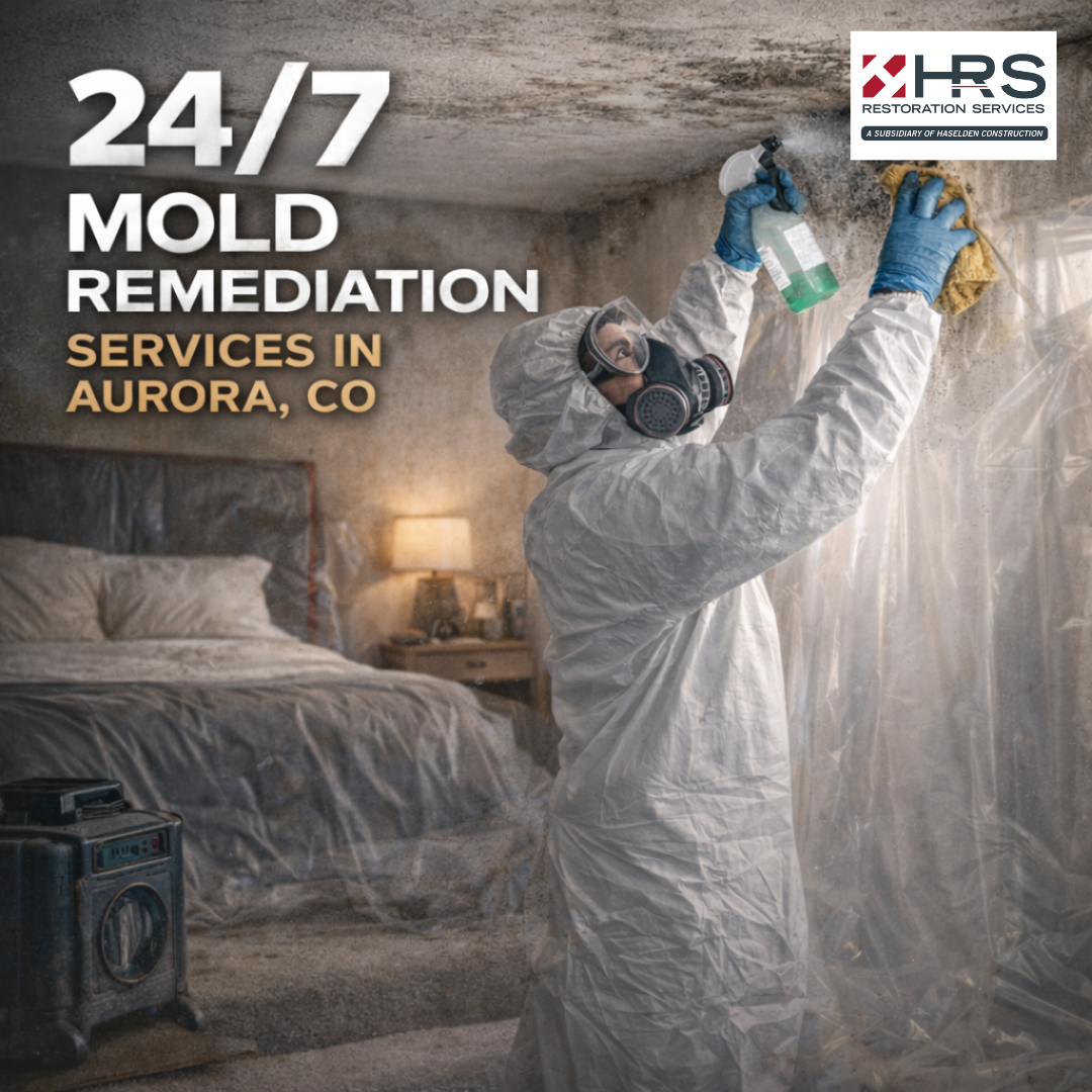 HRS Mold remediation technician cleaning contaminated surfaces in a contained Aurora bedroom