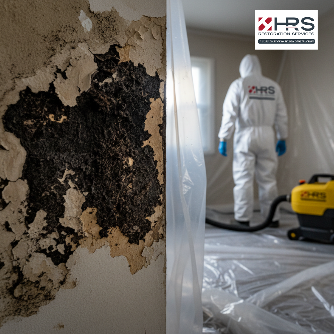 Close-up of black mold damage during contained remediation in an Englewood, CO home