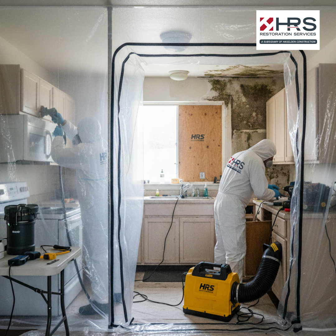 HRS mold remediation team working inside a contained kitchen in Englewood, CO