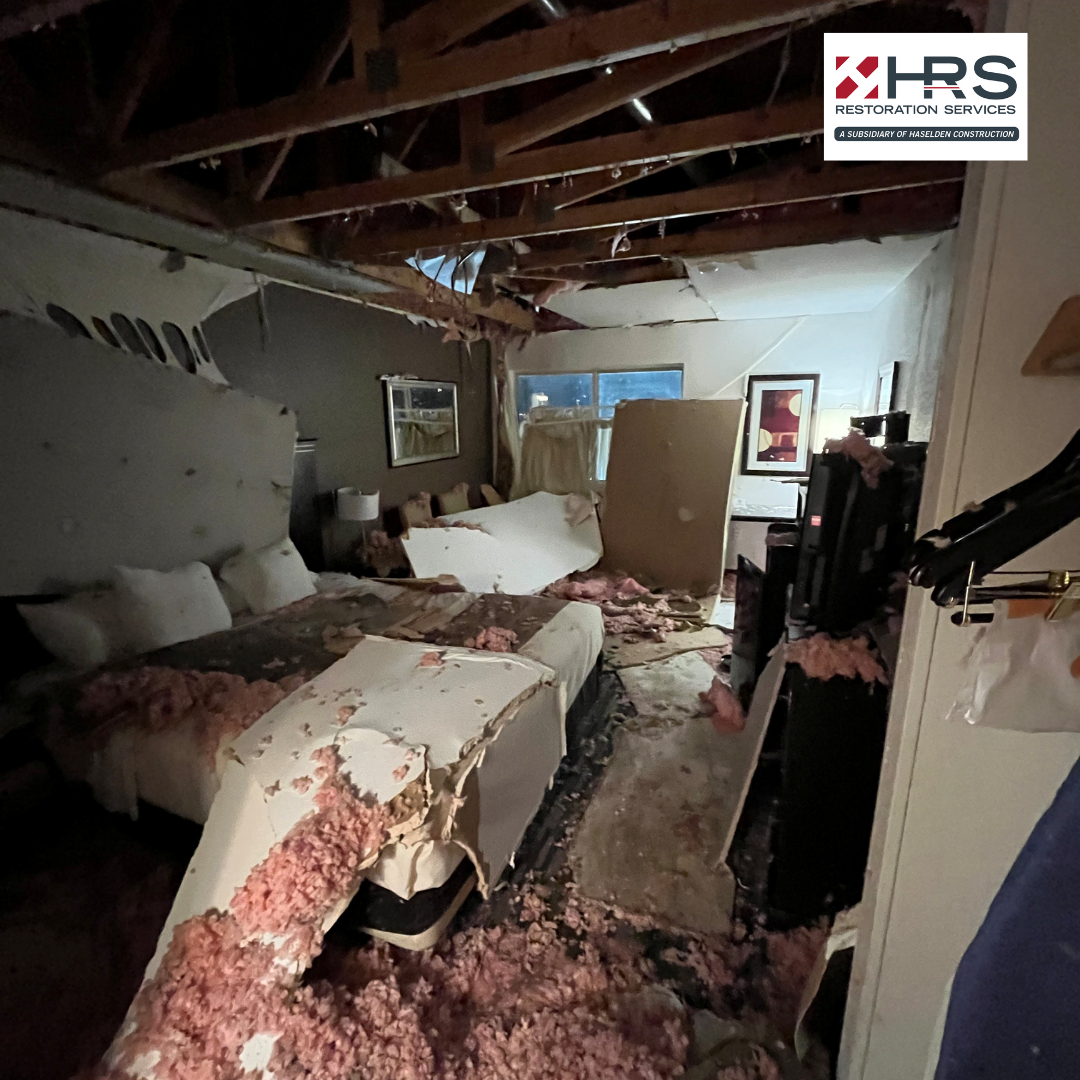 severe bedroom water damage in Parker, CO after ceiling collapse and interior flooding