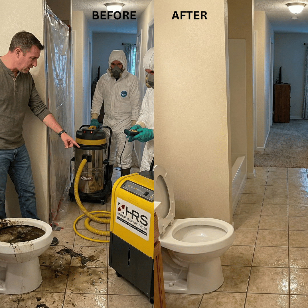 Before and after sewage cleanup in a Colorado Springs home showing HRS professional sanitation and restoration after a sewer backup.