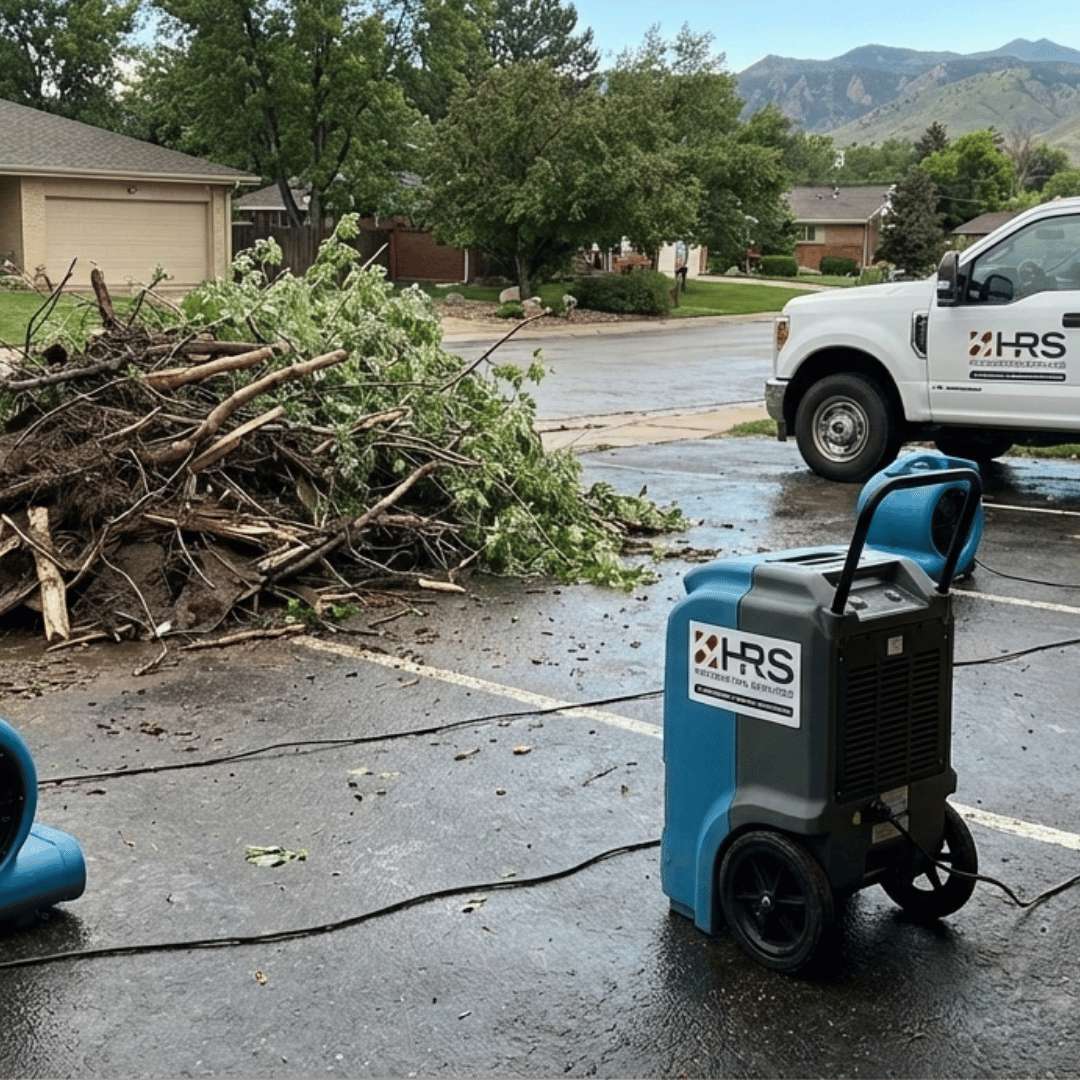 Storm damage restoration in Lakewood, CO showing emergency cleanup equipment and debris removal after severe weather.