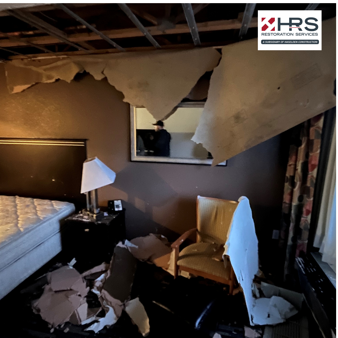 Structural ceiling collapse from water damage being restored by HRS team in Englewood CO property