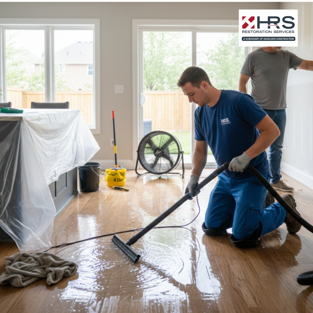 HRS technician performing water extraction on hardwood floor during water damage restoration in Englewood CO