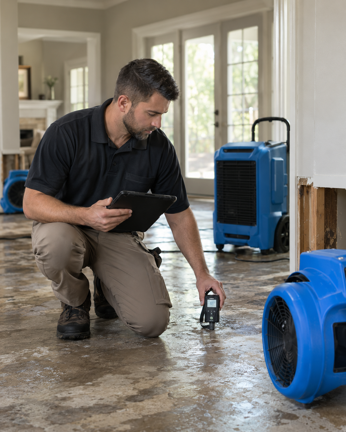 Standing water flooding a bedroom in Denver property requiring emergency water removal and extraction services