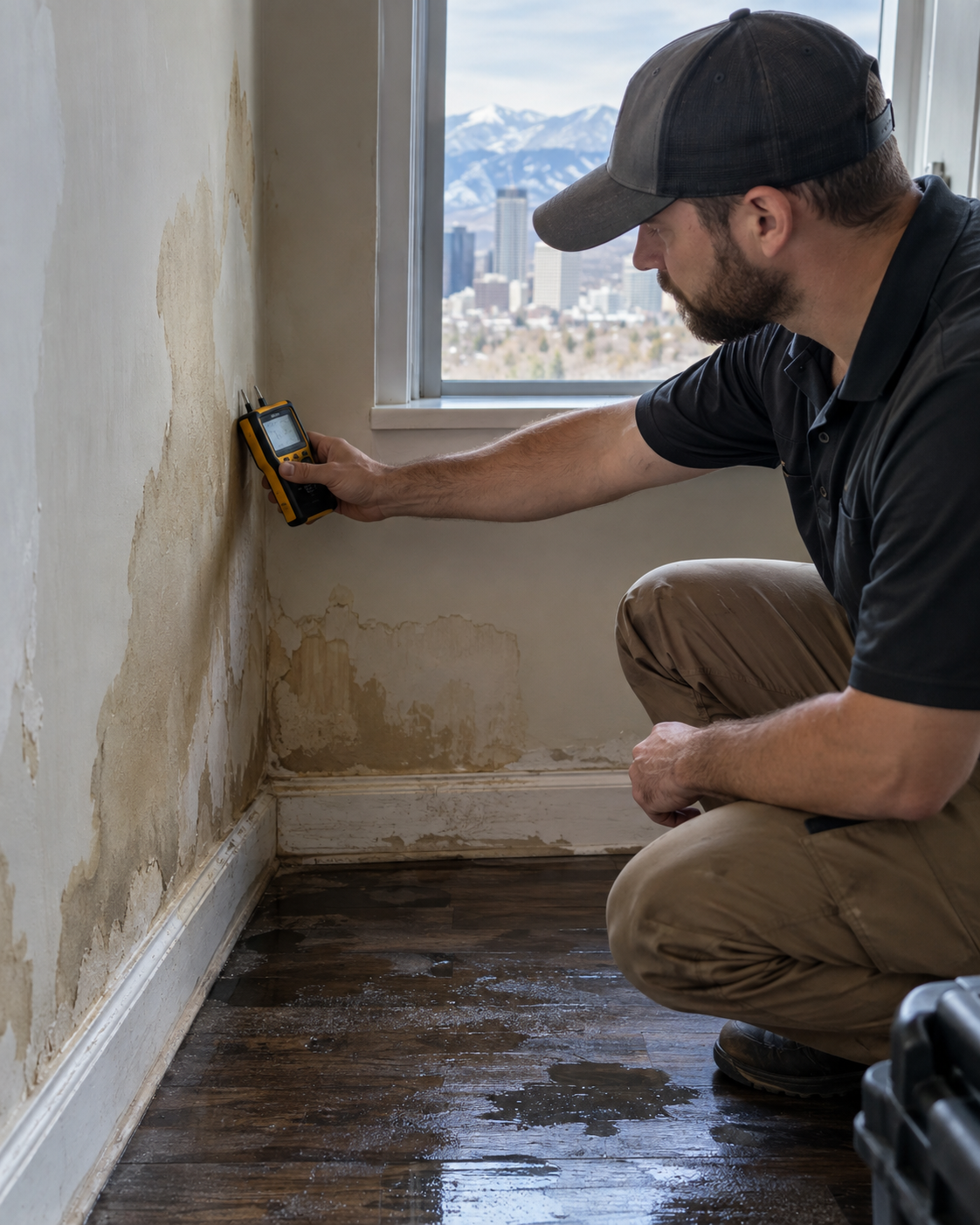 Professional water extraction removing standing water from hardwood floor in Denver home using specialized drying equipment