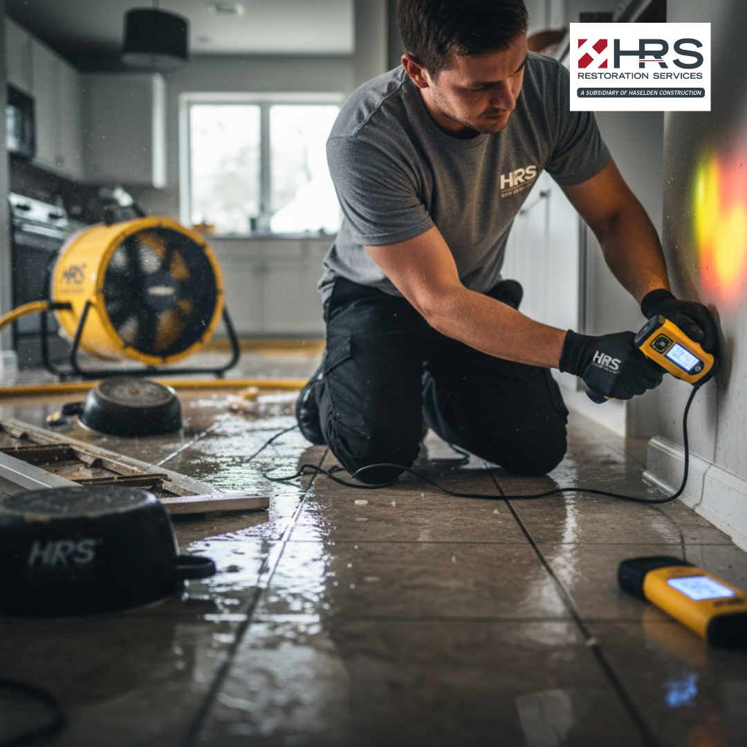 HRS technician using a moisture meter to inspect wall moisture during water damage restoration in Parker, CO