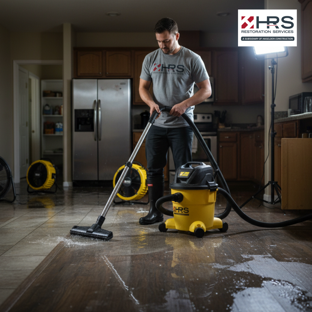 HRS technician using drying equipment during kitchen water mitigation in Meridian, CO