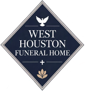 West Houston Funeral Home logo in navy diamond with white text and dove icon