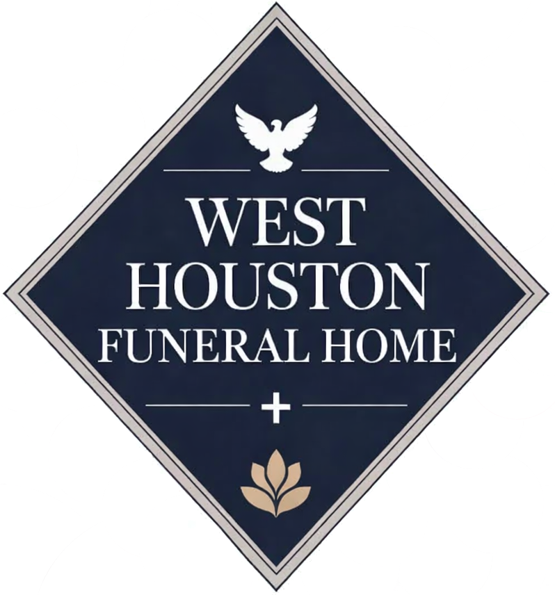 West Houston Funeral Home logo in navy diamond with white text and dove icon