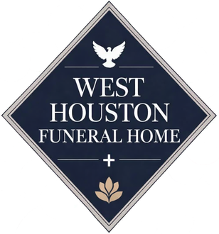 West Houston Funeral Home logo in navy diamond with white text and dove icon