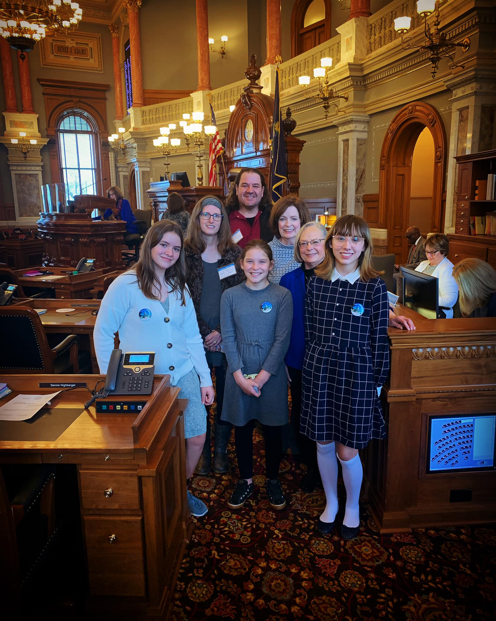 On the House Floor, Legislative Pages, Parents & Representatives Pam Curtis & Kathy Wolfe Moore.