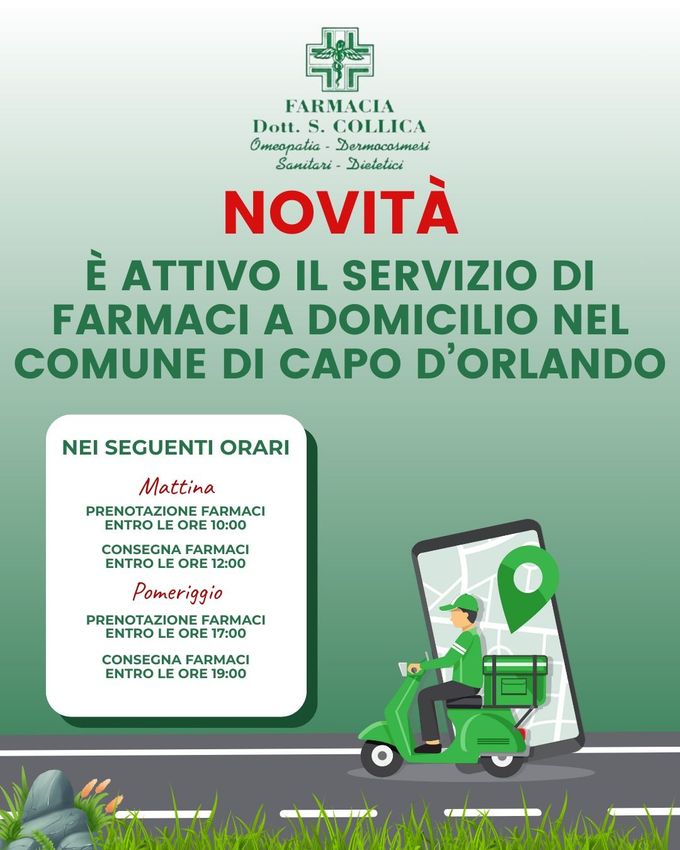 Poster verde annuncia farmacia a domicilio a Capo d’Orlando con scooter e mappa del percorso