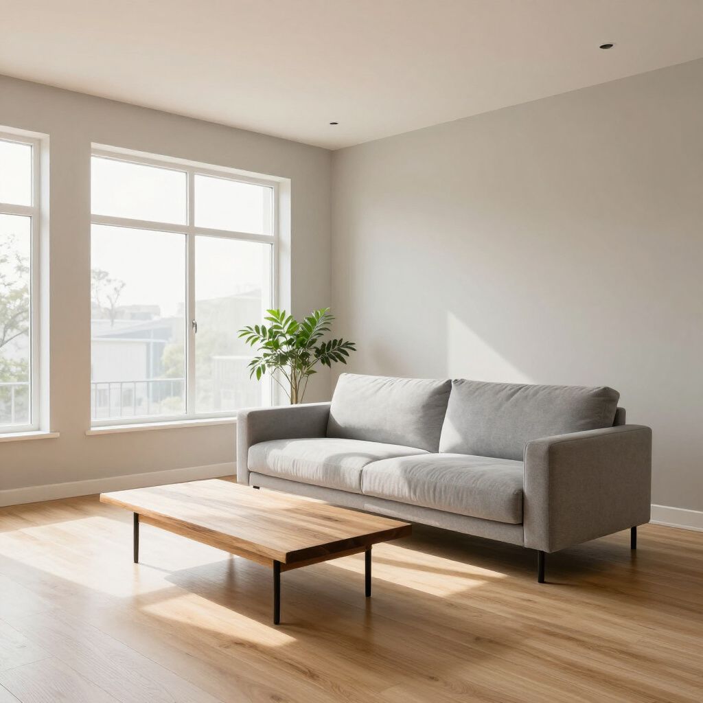 A bright, minimalist room with a gray sofa, a wood coffee table, and a small potted plant near large windows.
