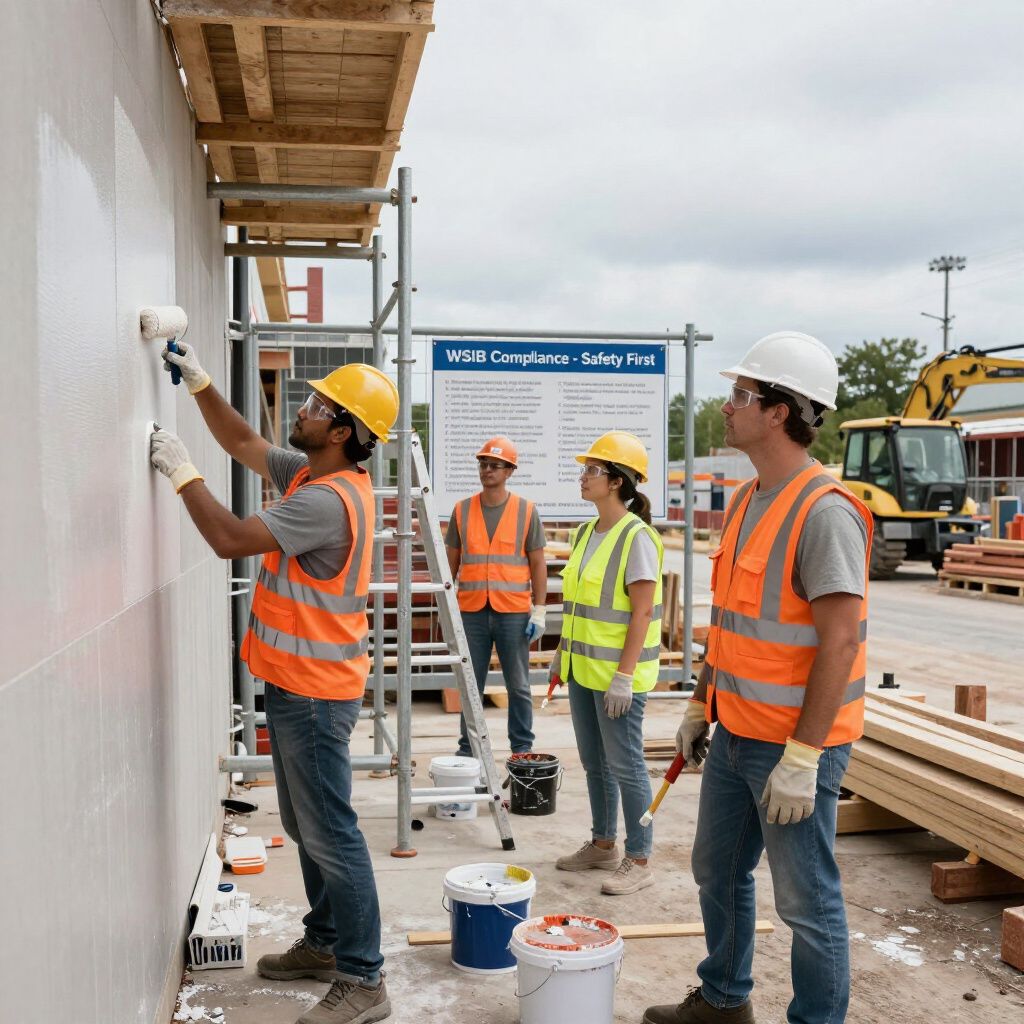 Four construction workers in high-visibility vests work on a building site, one painting a wall while others observe.