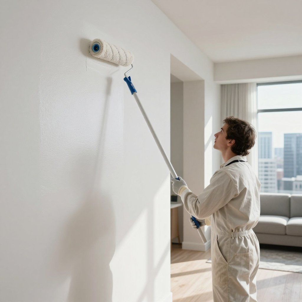 A person in white coveralls uses a long-handled paint roller to apply white paint to a wall in a bright, modern room.