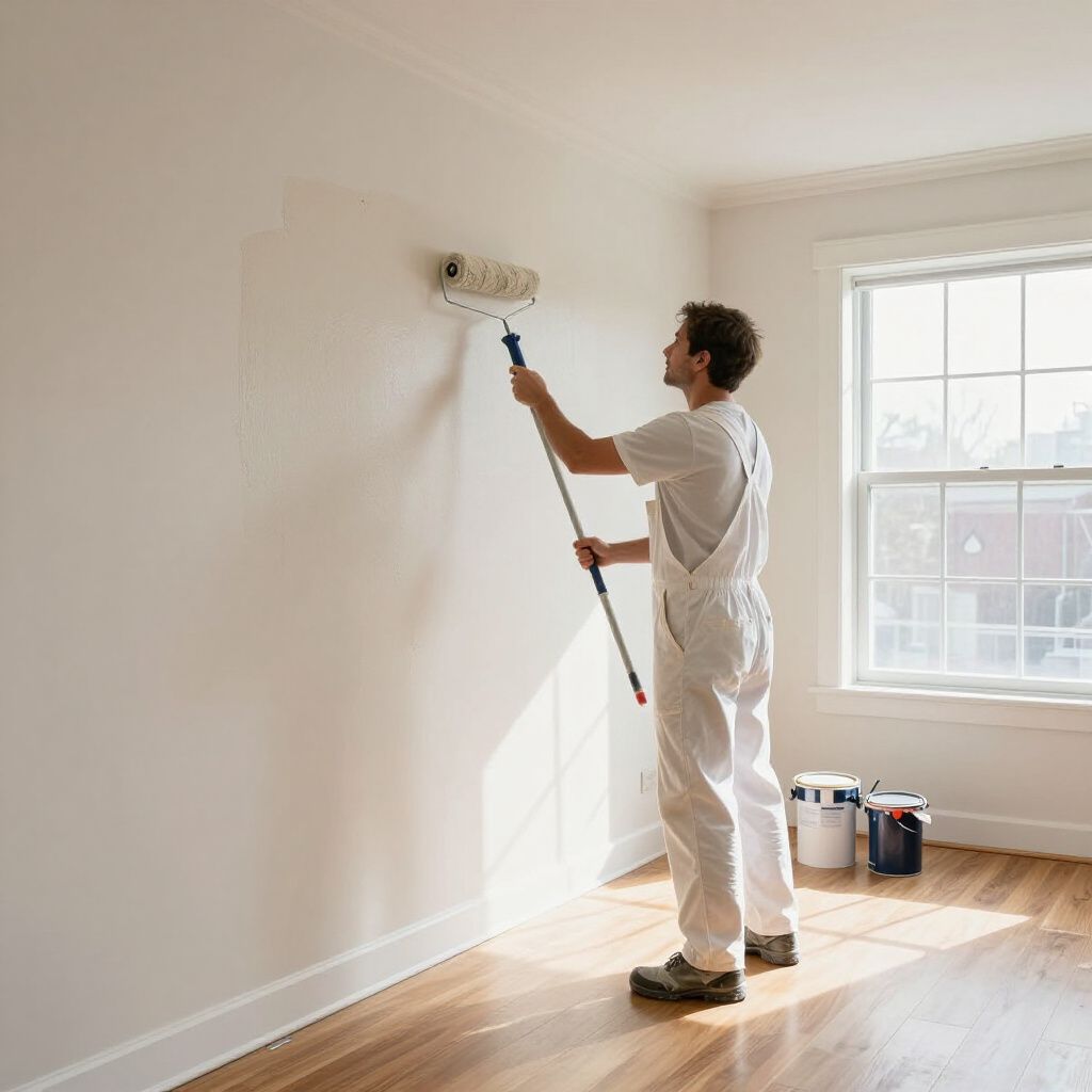 A painter in white coveralls uses an extension pole and roller to paint a light-colored wall in a bright, empty room.