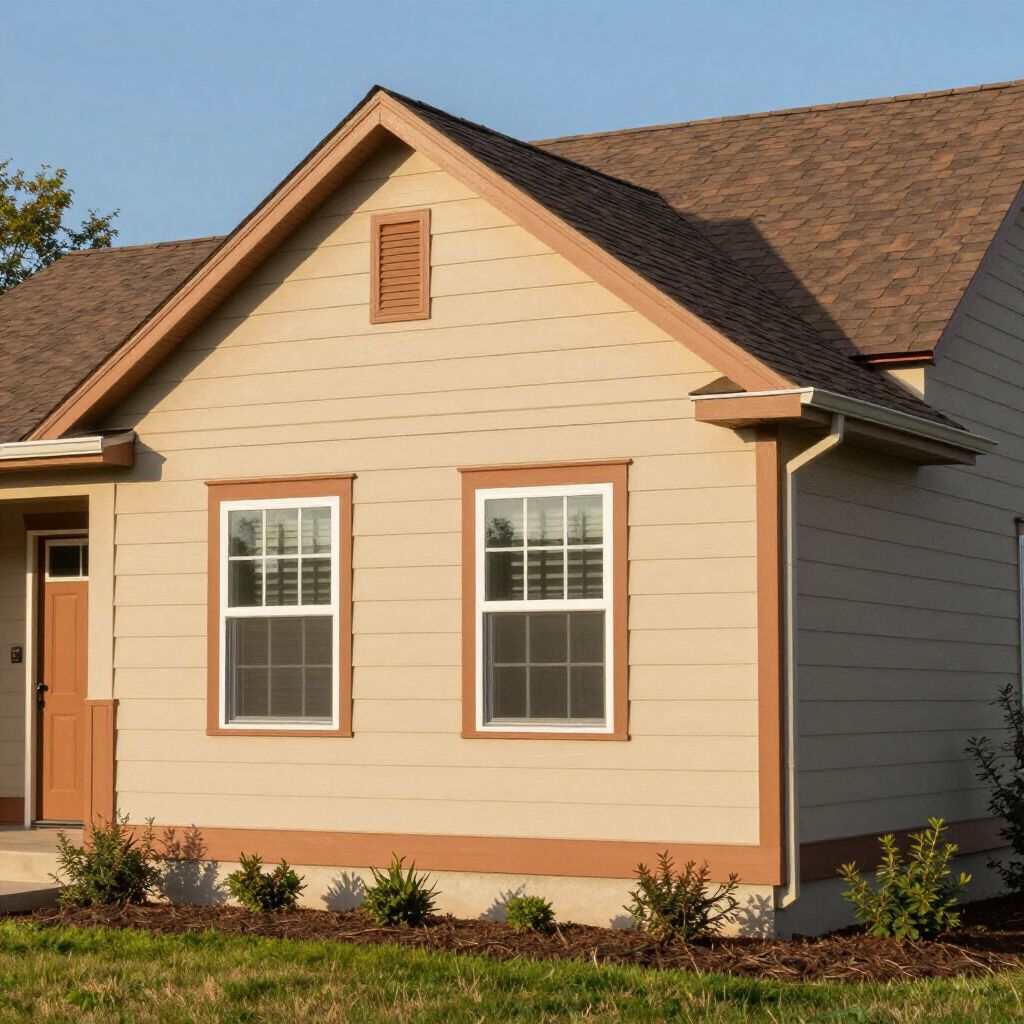 Tan single-story house with brown trim and roof, two windows on the front facade, and a small porch entrance.
