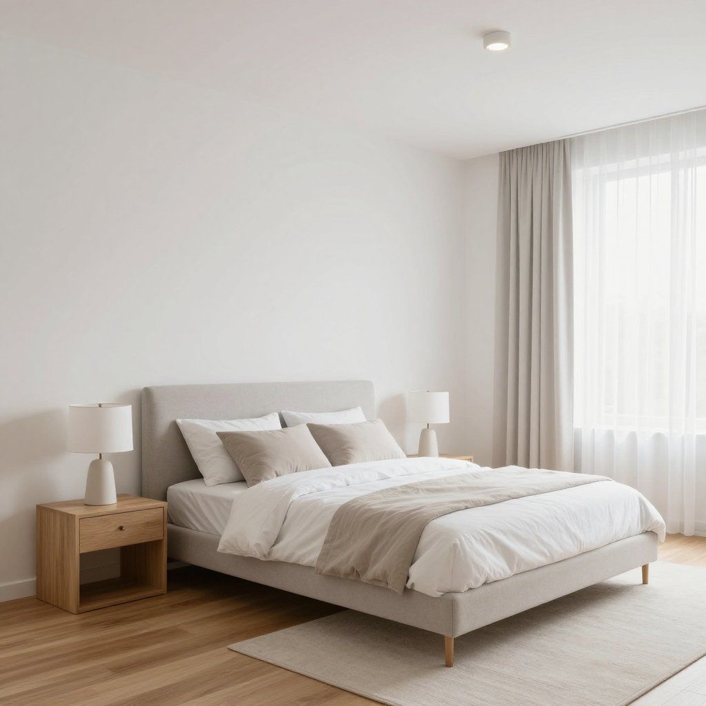 Minimalist bedroom with a beige upholstered bed, wooden nightstand, table lamp, and soft curtains on a light rug.