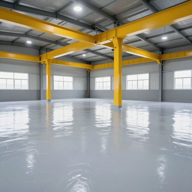 An empty warehouse interior featuring yellow steel support beams, grey walls, and a glossy, reflective light-grey floor.