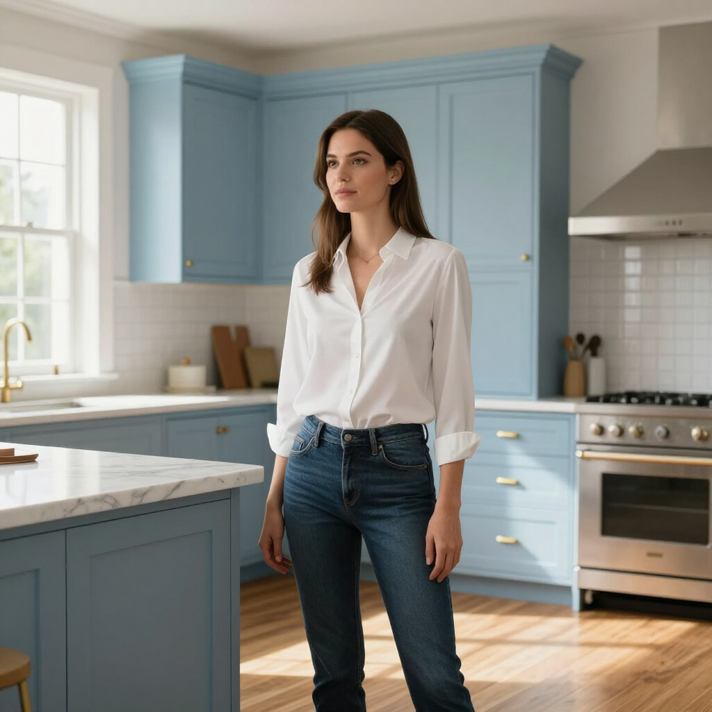 A person stands in a kitchen with blue cabinetry, white marble countertops, and stainless steel appliances.