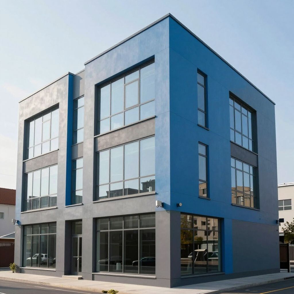 A modern, three-story building with blue and gray panels, large windows, and a street-level entrance.