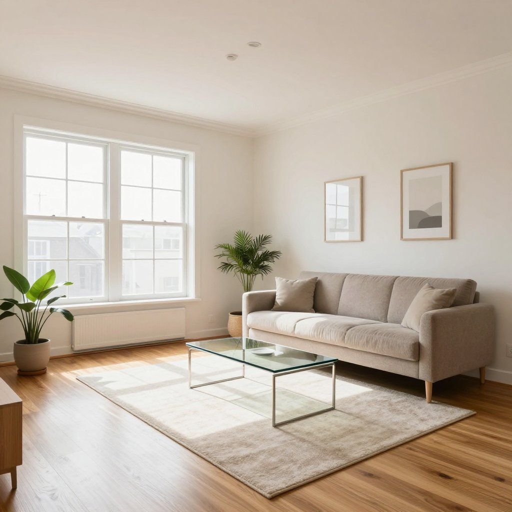 A minimalist living room with a beige sofa, glass coffee table, area rug, potted plant, and two framed prints on a wall.