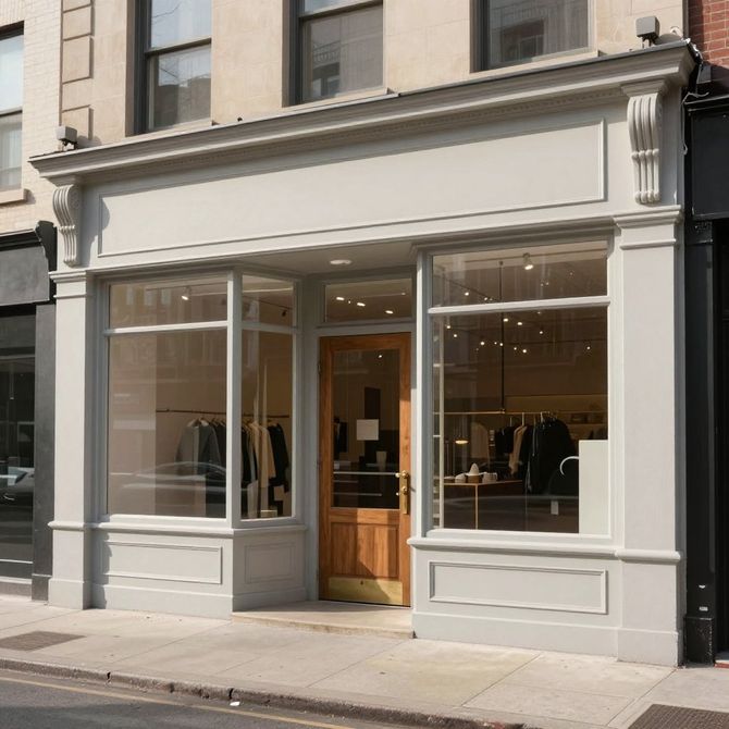 The storefront of a boutique with a light gray painted facade, large glass windows, and a central wooden entrance door.